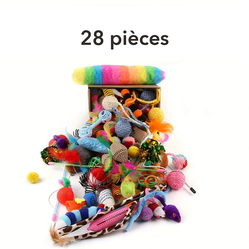 Coffret de 28 jouets pour chat – Souris à plumes, balles à grelot et ressorts