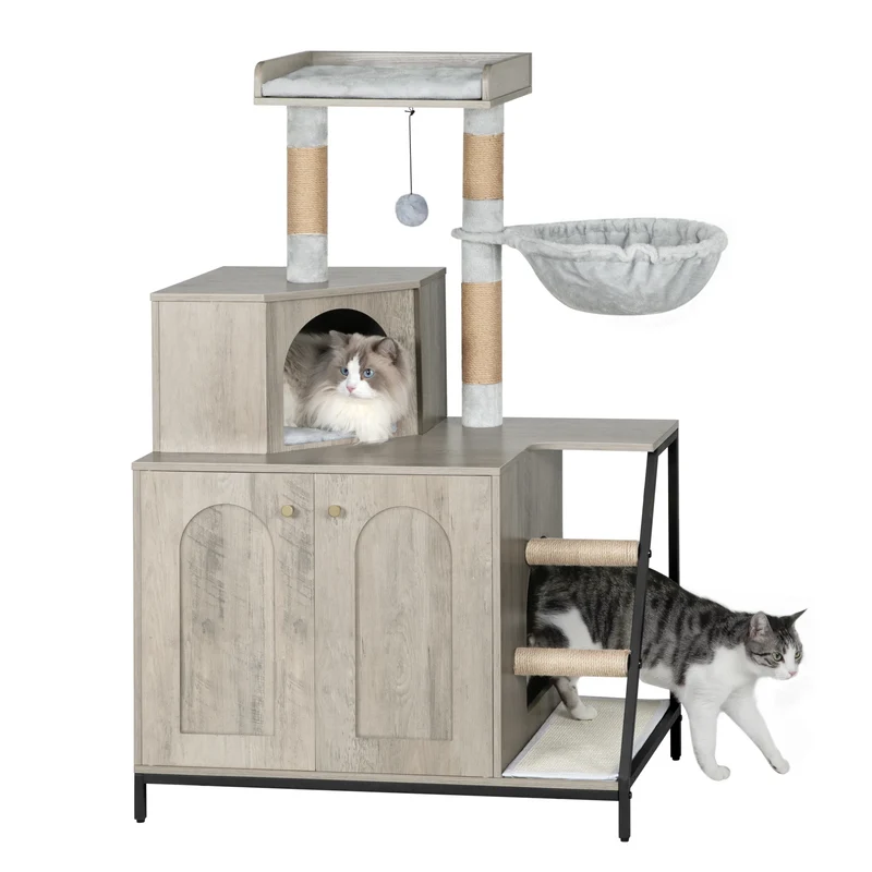 Meuble Arbre à Chat 4-en-1 121 cm avec Cache Litière, Hamac et Griffoirs – Modèle "La Maison Discrète"