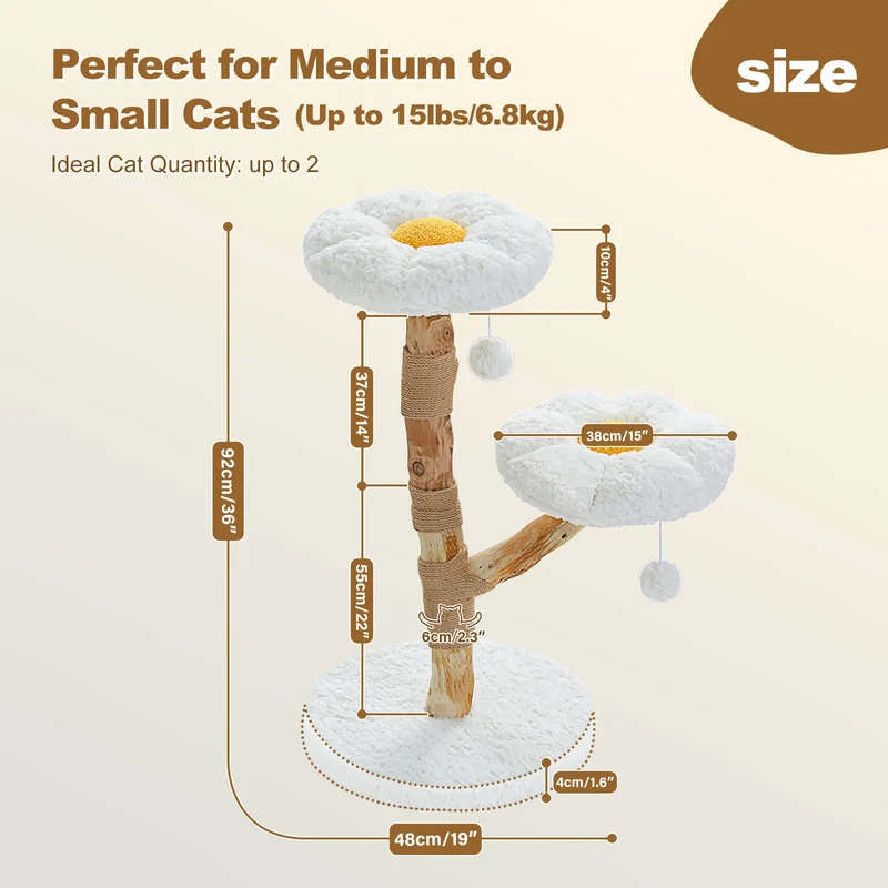 Arbre à Chat Fleur 92 cm en Bois Massif Blanc Nuage avec Griffoir Sisal – Modèle "La Fleur des Nuages"