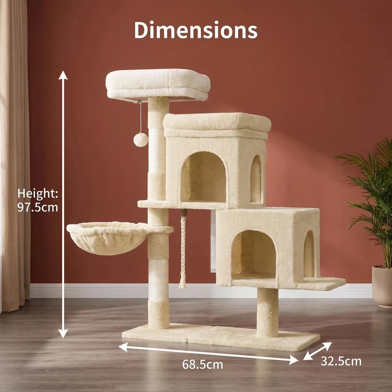 Arbre à Chat 95 cm Beige avec Base Réversible, 2 Niches et Griffoirs Sisal – Modèle "Le Coin Beige"