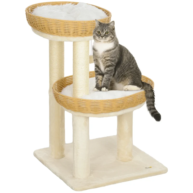 Arbre à Chat 75 cm avec 2 Paniers en Rotin et Coussins Lavables – Modèle "Le Petit Osier"