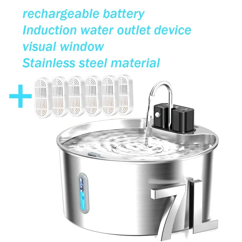 Fontaine à eau pour chat 7L sans fil rechargeable en acier inoxydable "Océan Libre"