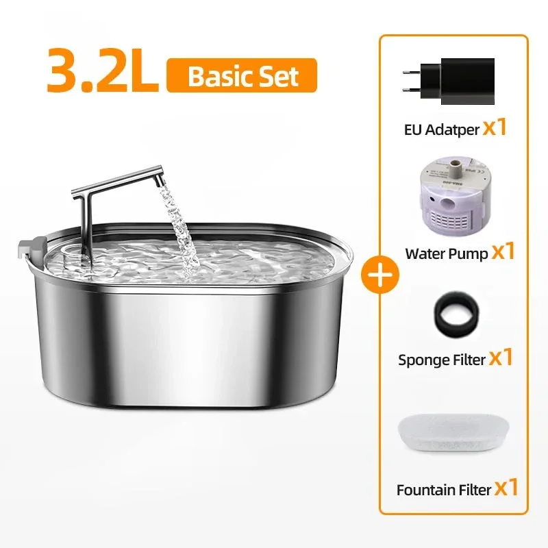 Fontaine à eau pour chat 3,2L en acier inoxydable ultra silencieuse avec bec verseur "Source Élégante argent"