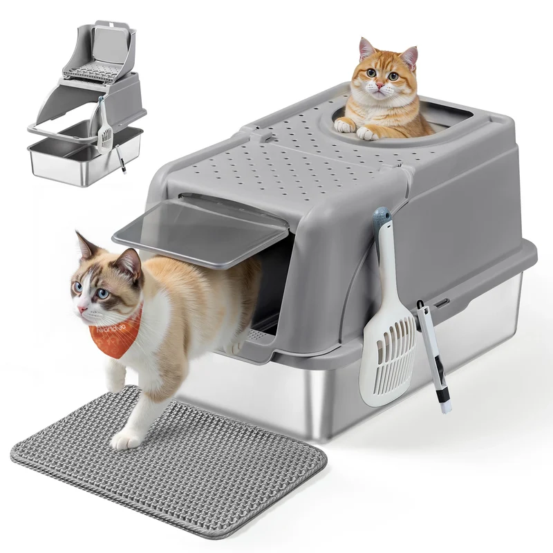 Bac à litière chat en acier inoxydable avec double entrée – Modèle "CleanSteel Premium"