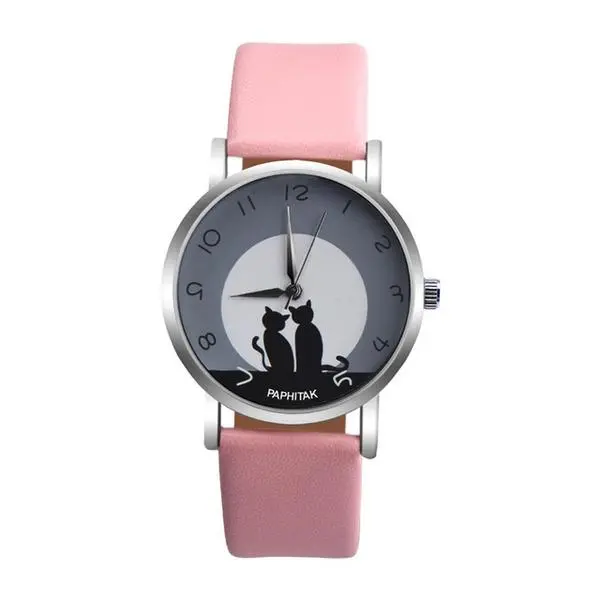 Montre Chat Femme Cuir "Lune à Deux"