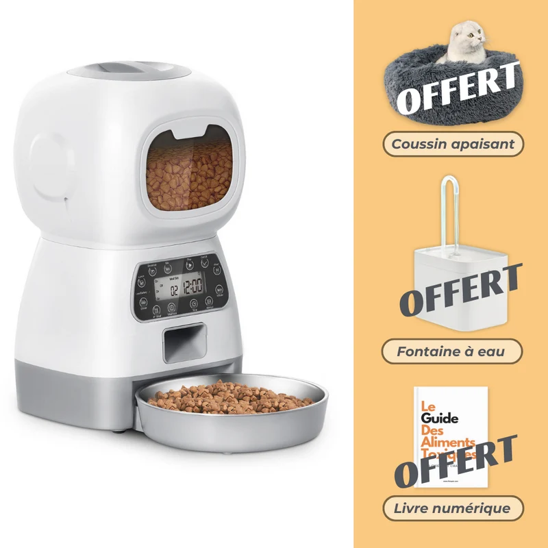 OFFRE SPECIALE - Distributeur Automatique de Croquettes + Fontaine à Eau + Coussin Apaisant + Guide Offert