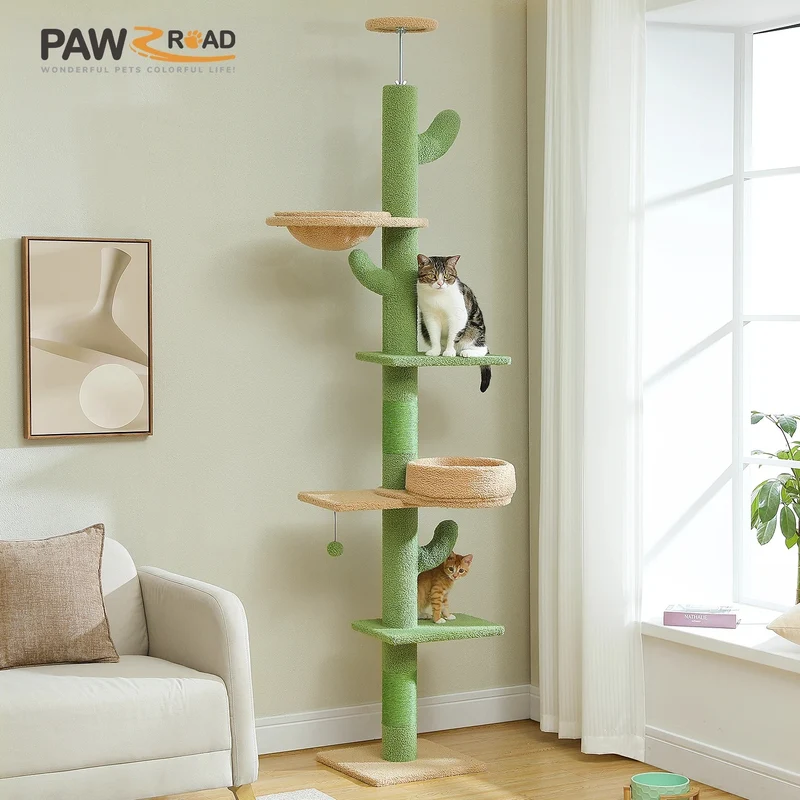 Arbre à chat ajustable du sol au plafond en forme de cactus - Modèle : "CactusCozy"