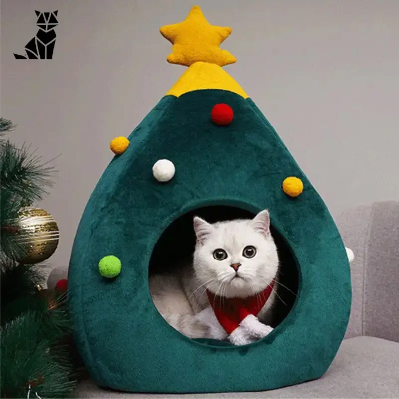 Niche Chat Noël Forme Sapin Douillette