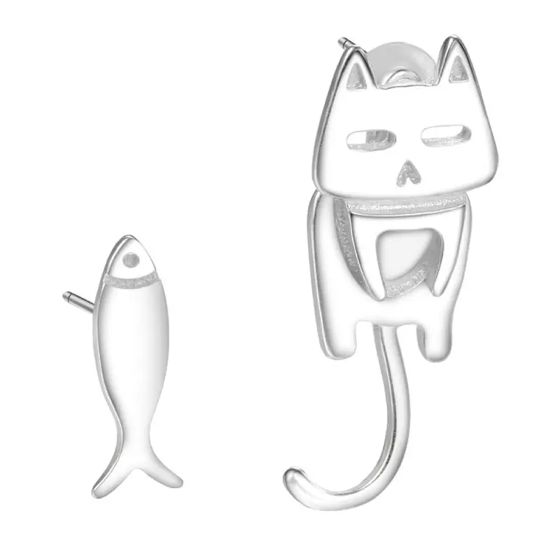 Boucle d'Oreilles Chat et Poisson en Argent