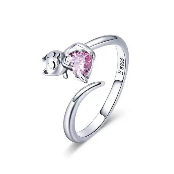 Bague Chat sur le Coeur Brillant (Argent)