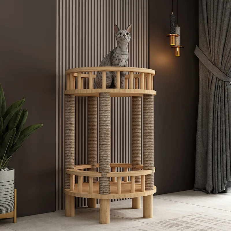 Arbre a chat design en bois - Meuble avec griffoir - Litière intégrée - Rond ouvert