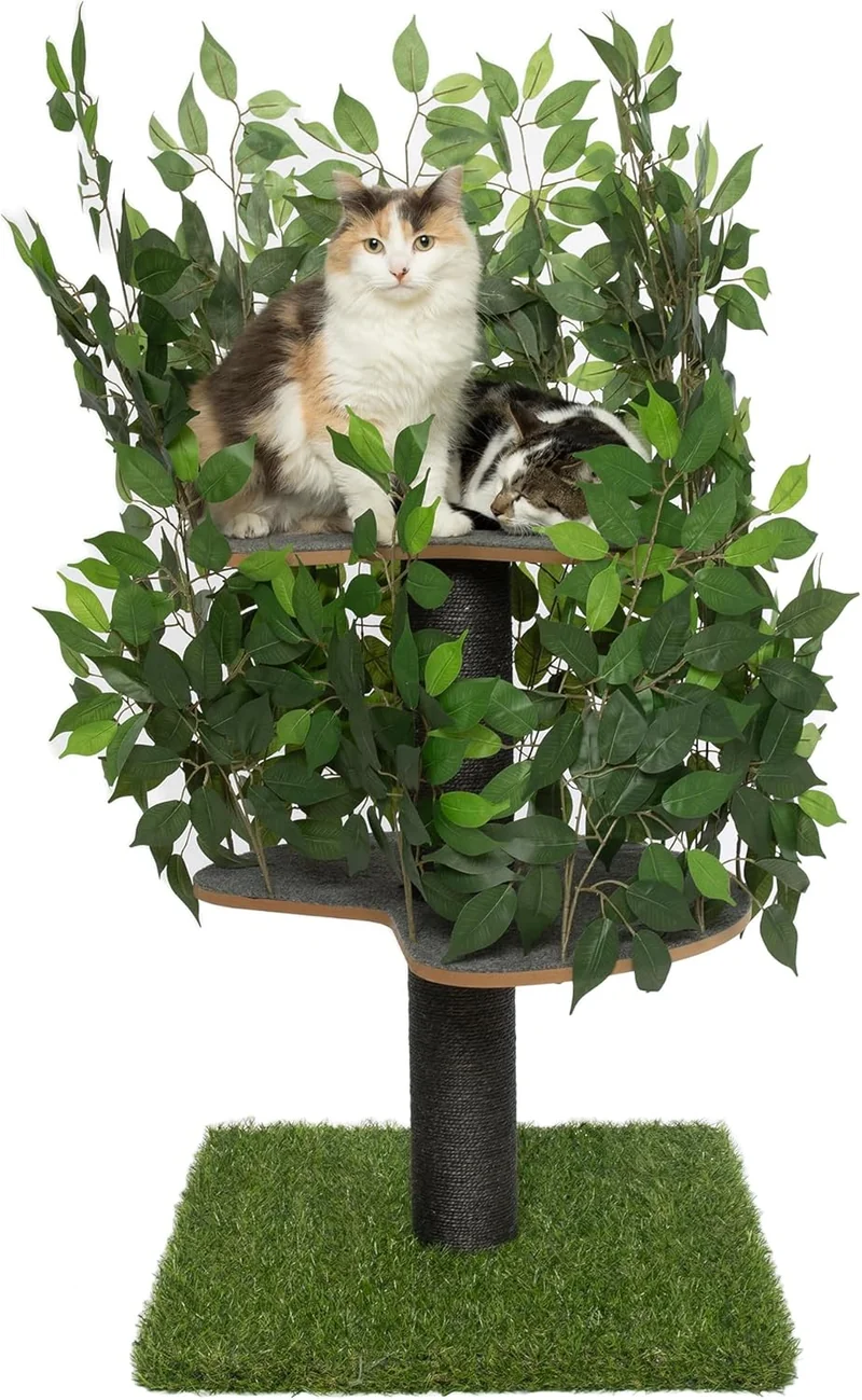 Arbre à Chat design naturel avec feuilles - Modèle "Chat'Canopée"
