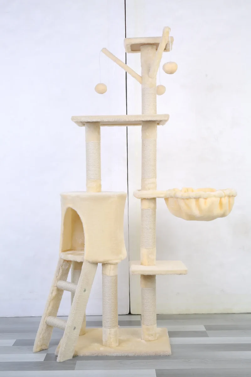 Arbre à chat intégral avec villa et plateformes - Modèle : "ChâteauFélin"