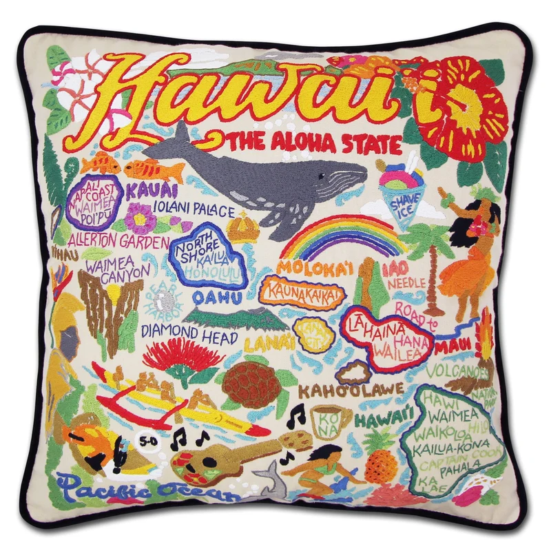 Hawaiian Isles Hand Embroidered CatStudio Pillow