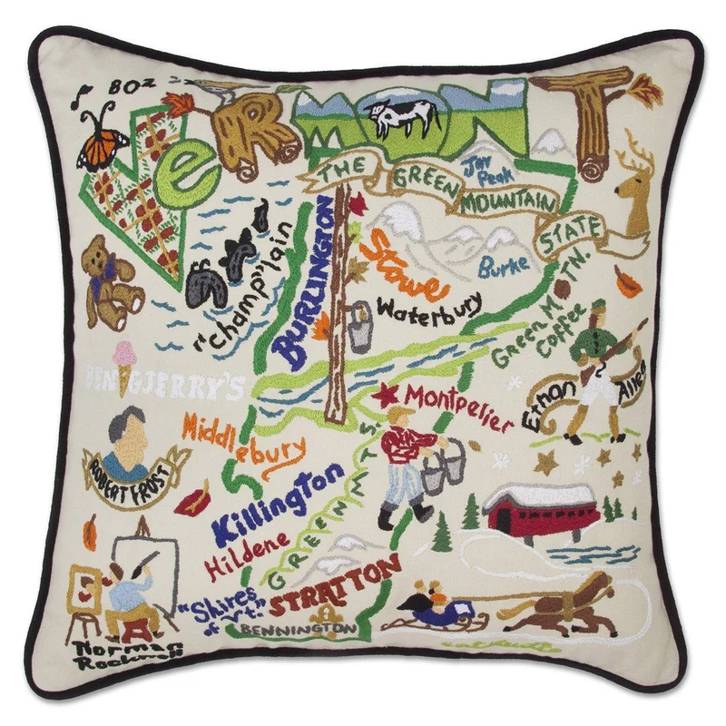 Vermont Hand Embroidered CatStudio State Pillow