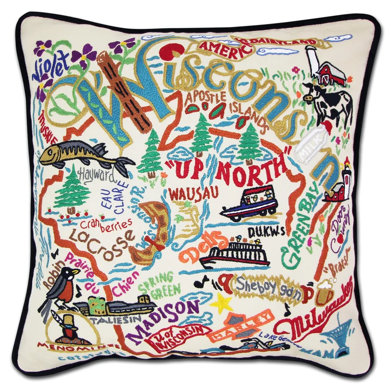 Wisconsin Embroidered CatStudio State Pillow
