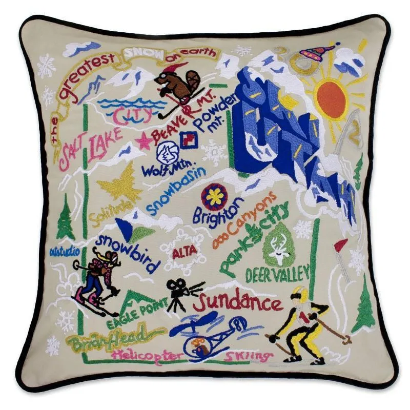Ski Utah Hand Embroidered CatStudio Pillow