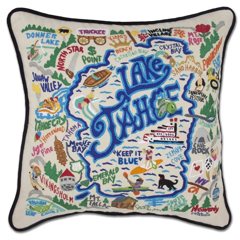Lake Tahoe Embroidered CatStudio Pillow