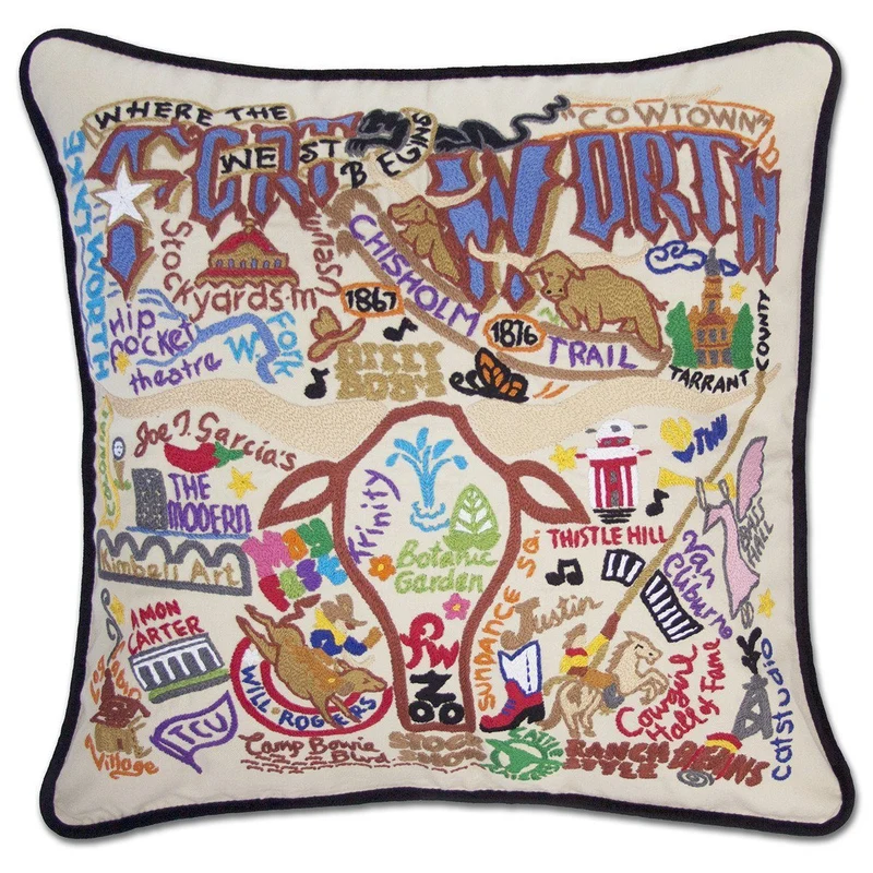 Fort Worth Hand Embroidered CatStudio Pillow