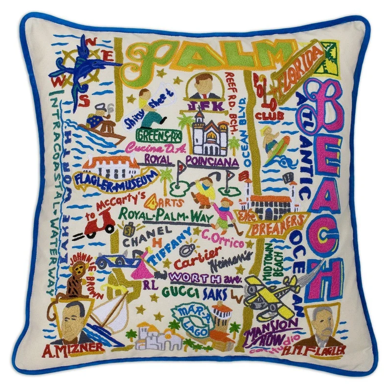 Palm Beach Embroidered CatStudio Pillow