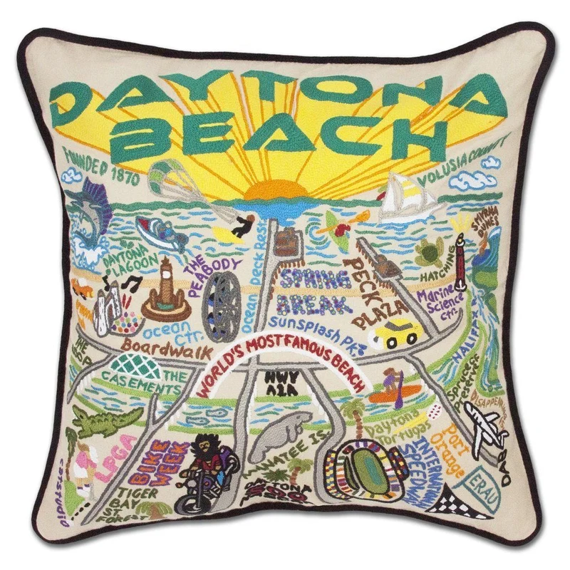 Daytona Beach Embroidered CatStudio Pillow