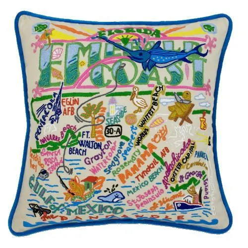 Emerald Coast Hand Embroidered CatStudio Pillow