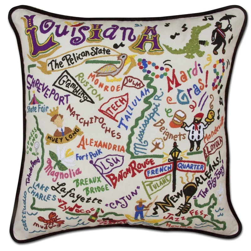 Louisiana Embroidered CatStudio State Pillow