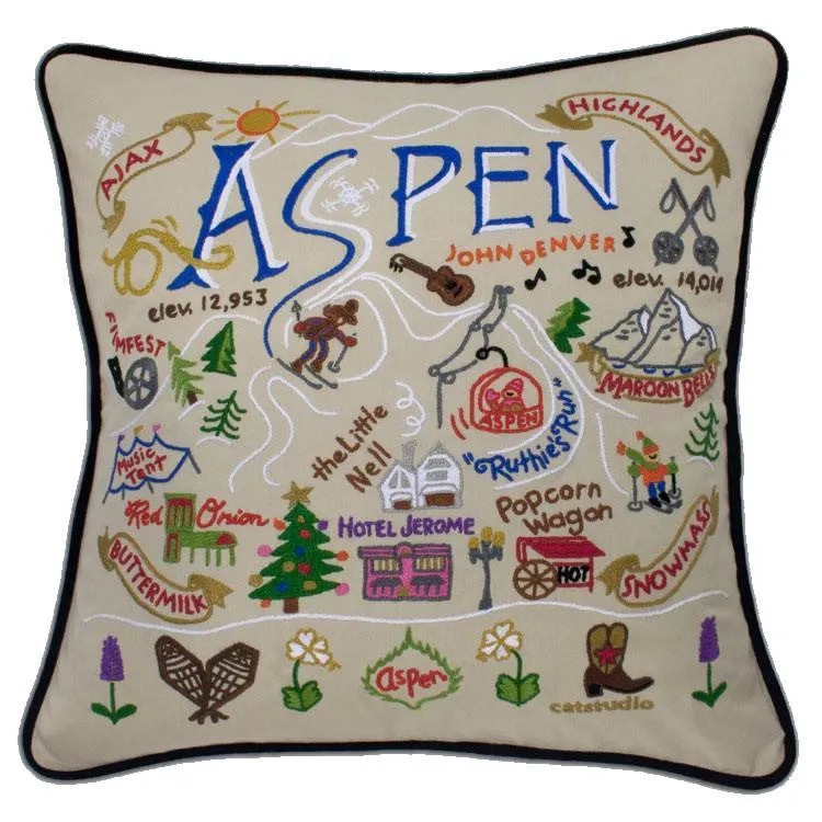 Ski Aspen Embroidered CatStudio Pillow