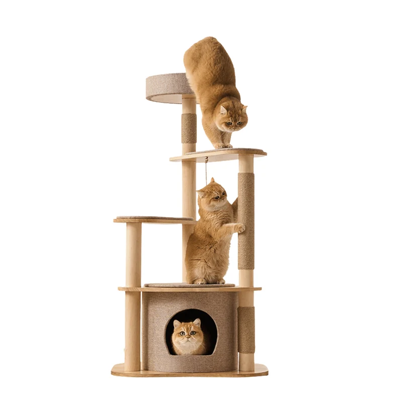 Large Pine Wood Cat Tree with Modern Cat Condo | T1