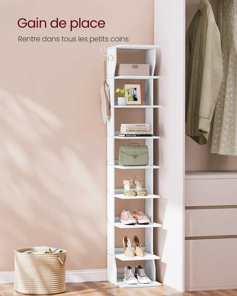 Étagère à chaussures gain de place 30 x 26,4 x 147 cm style contemporain entrée rangement en aggloméré blanc mat 12_0010236