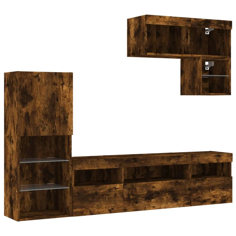 Meubles TV multimédia étagère télévision buffet téléviseur salle à manger salon chambre avec LED 6 pièces chêne fumé bois d'ingénierie brun 02_0029451