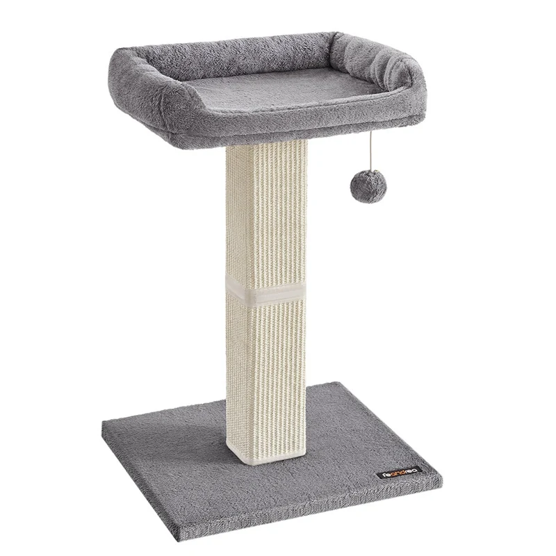 Griffoir pour chat grattoir avec plate-forme en tissu peluche 40 x 30 cm arbre à chat hauteur 71 cm poteau en sisal avec pompon gris clair 12_0006010