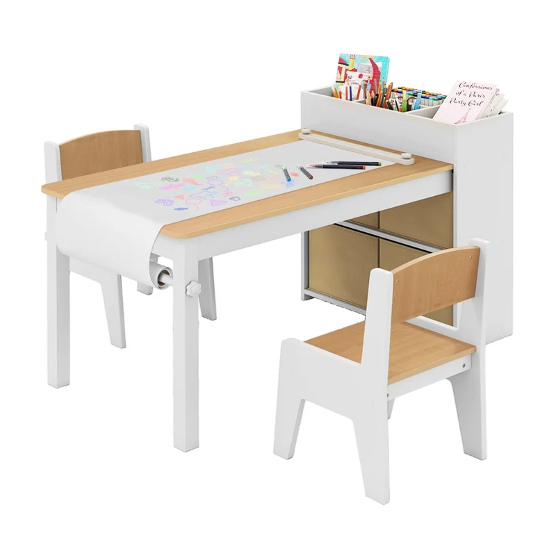 Ensemble table et chaises pour enfants 100 x 50,5 x 58 cm avec rouleau de papier et rangement moderne en mdf naturel 20_0017200