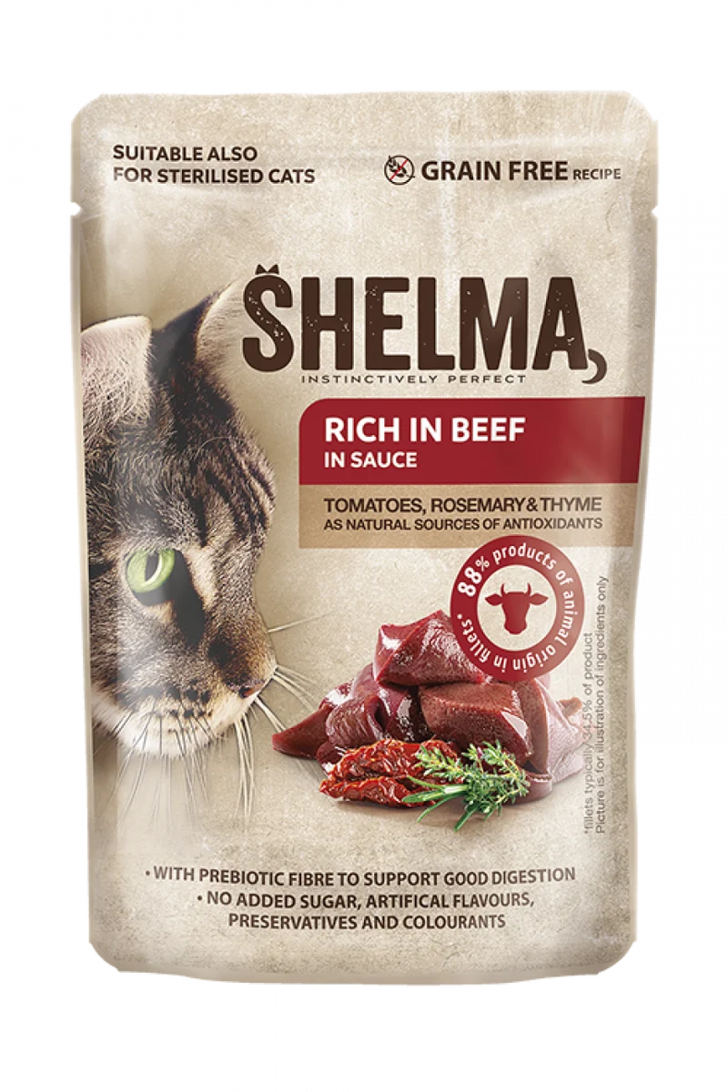 Sachets Effilochés en Sauce Shelma pour Chat - Saveurs Saumon, Bœuf, Poulet et Cabillaud