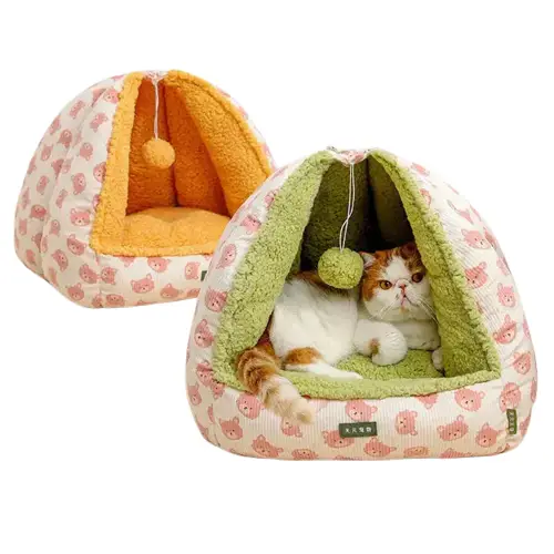 Tente Chat Motif Ours - Tipi Coton avec Pompon