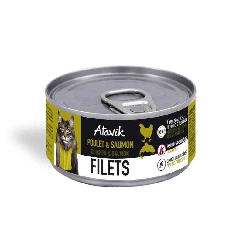 Filets pour chat au poulet et saumon Atavik 🍖 – 66 % de filets