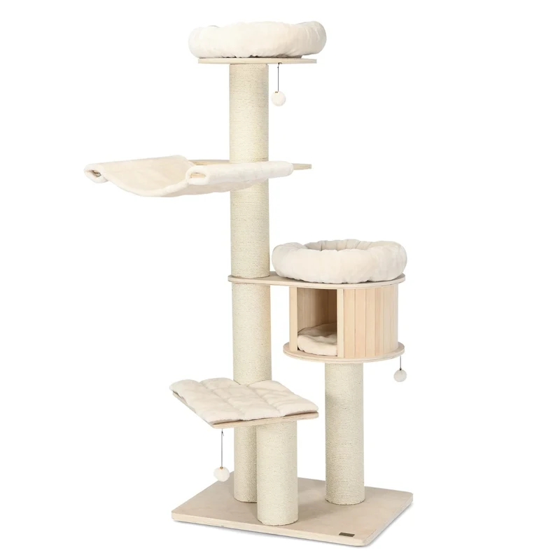 Arbre à chat lot de 1 avec perchoir et condo 75 x 56 x 174 cm confort peluche robuste en bois naturel 20_0021099