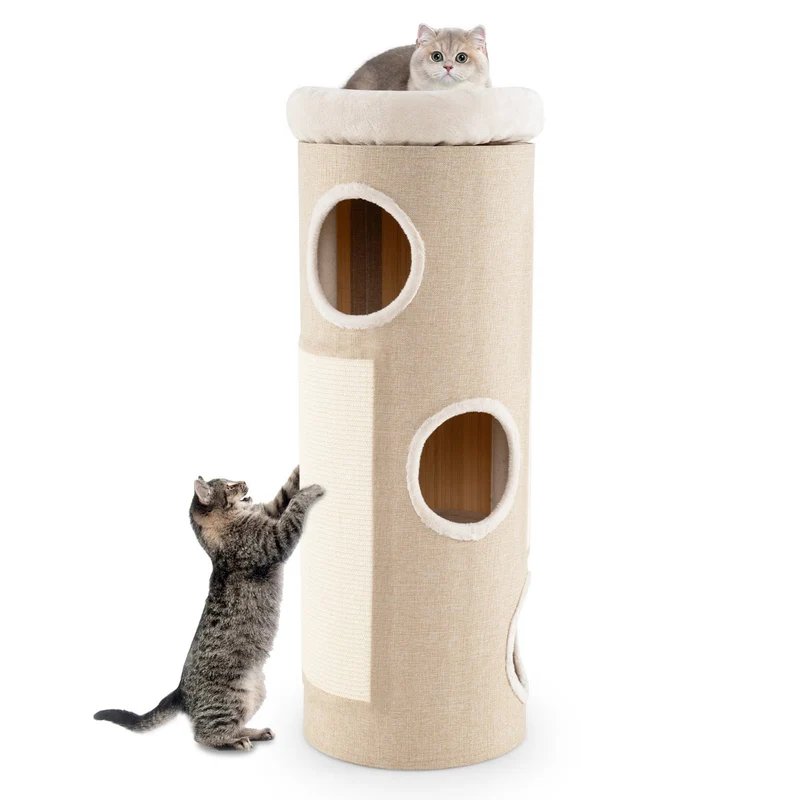 Arbre à chat 4 niveaux 43 x 43 x 113 cm refuge sécurisé avec lit amovible design moderne en peluche blanc 20_0015284