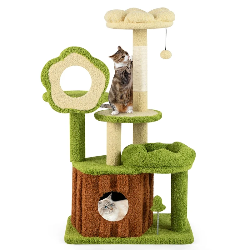 Arbre à chat multi-niveaux avec condo 100 x 55 x 40 cm griffoir et jouets fleuri en bois composite vert 20_0010163