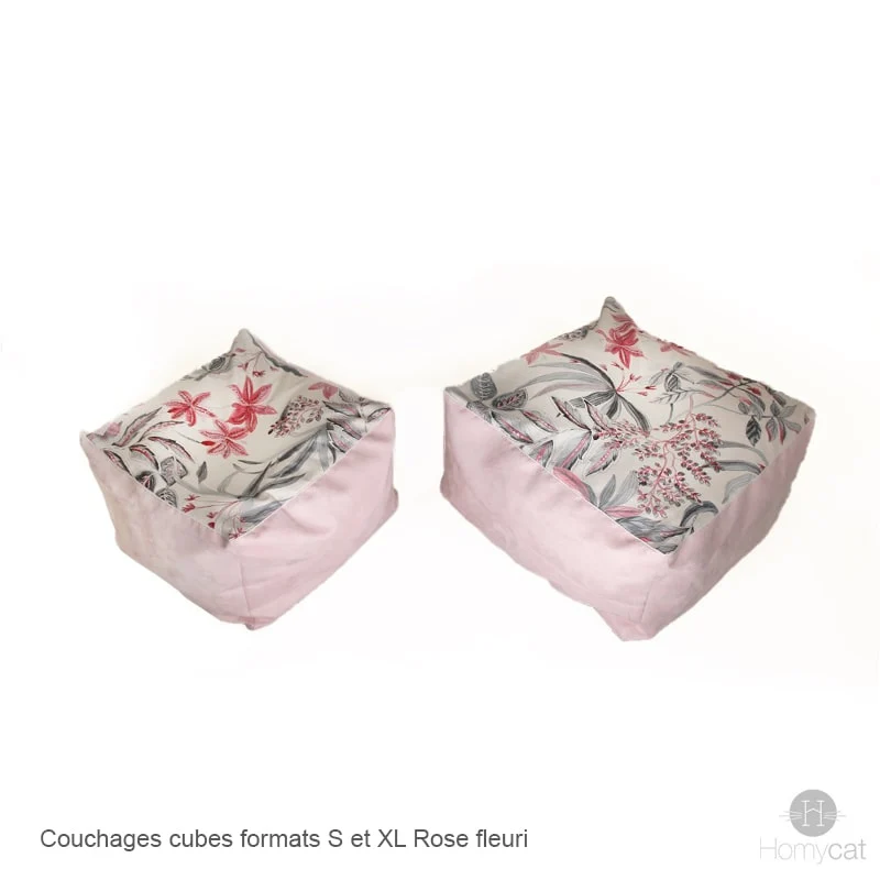 Cube Fleuri Rose - Couchage pouf chat design