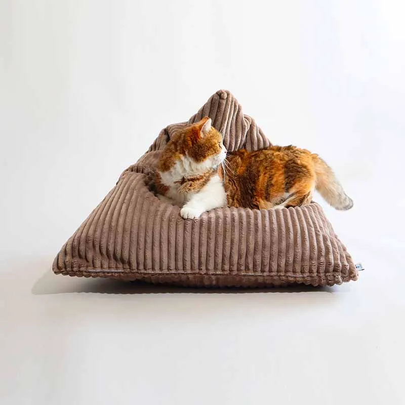 Berlingot Couchage Design Chat - Velours Côtelé Taupe et Ecru