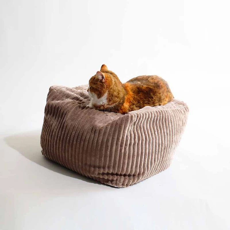 Pouf Cube Design Chat - Velours Côtelé Taupe et Ecru