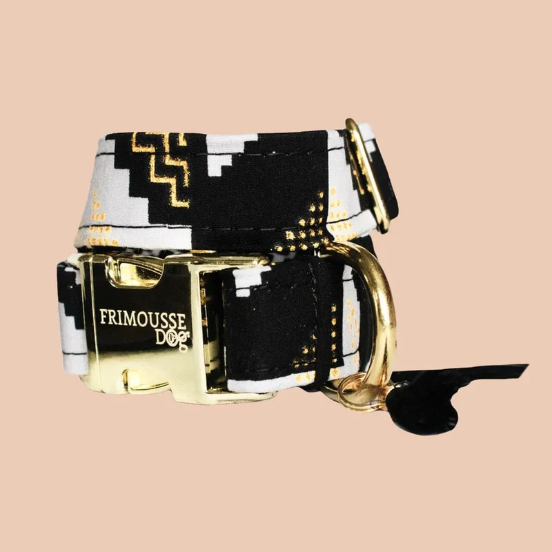 Collier pour chien en tissu artisanal Brooklin Frimousse Dog — Noir & paillettes dorées
