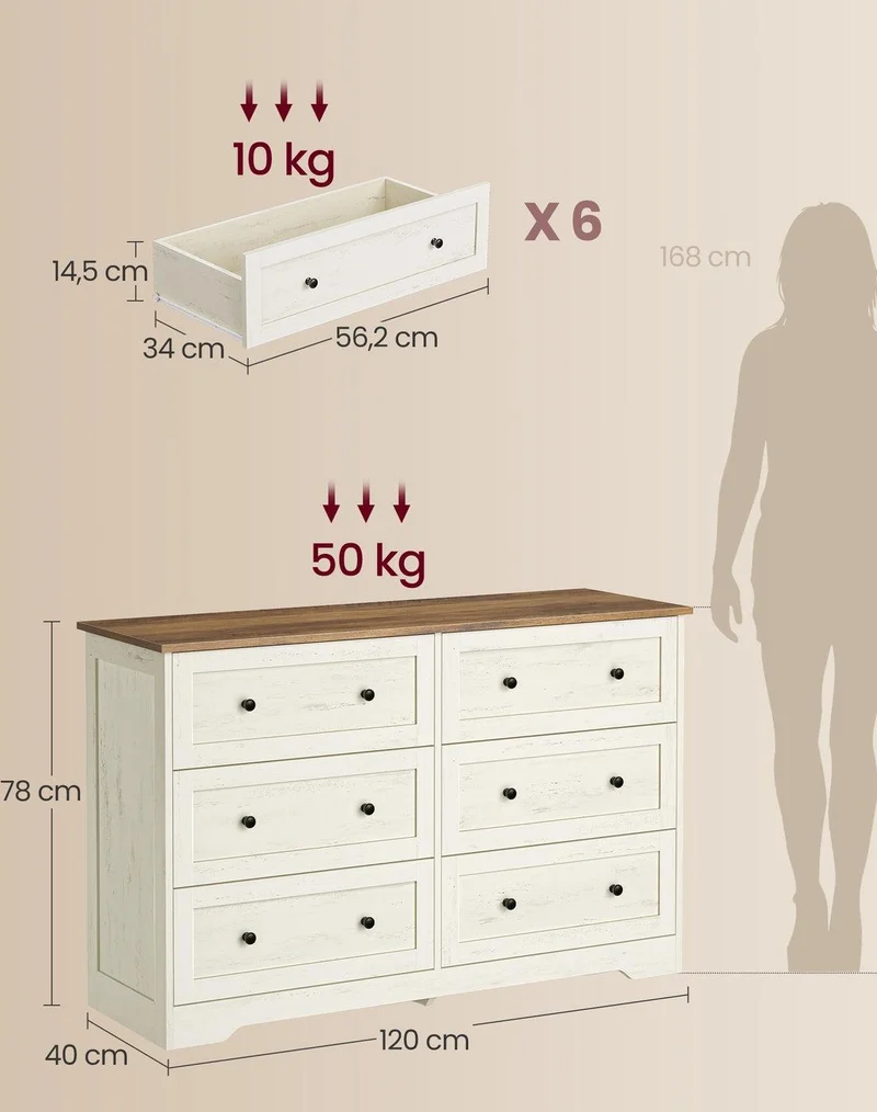 Commode de chambre polyvalente 40 x 120 x 78 cm 5 tiroirs style cottage ambiance cosy en panneau d'aggloméré blanc 12_0013190