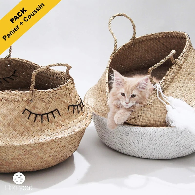 Pack : Panier Naturel Pompons blancs + Coussin