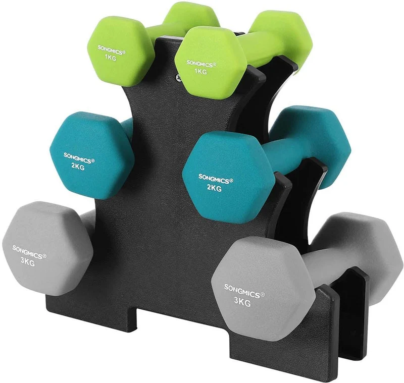 Set haltère 3 paires 2x1 kg 2x2 kg 2x3 kg rack de rangement offert salle de sport musculation entraînement revêtement en néoprène antiglisse vert vif turquoise et gris 12_0007400