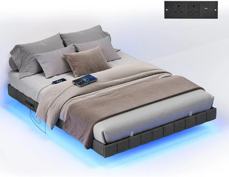Lit flottant moderne avec éclairage LED 190 x 140 x 26 cm confort optimal ambiance cosy en mousse gris ardoise 12_0012944