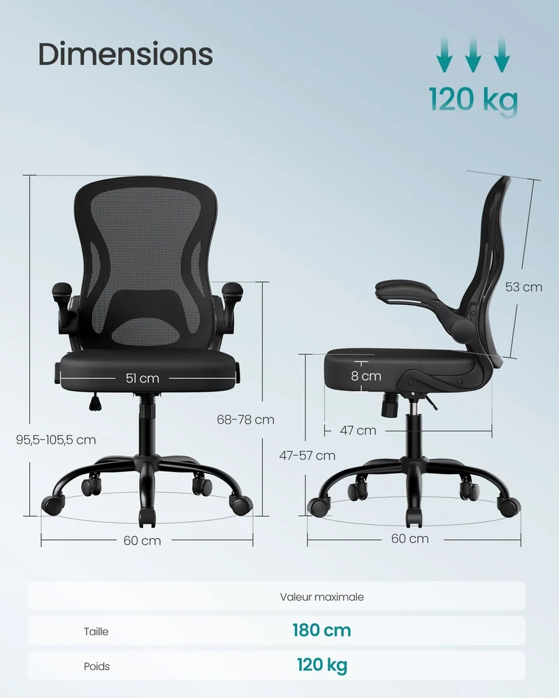 Chaise de bureau ergonomique ajustable confort moderne 60 x 60 x 105,5 cm en acier noir d'encre 12_0012282