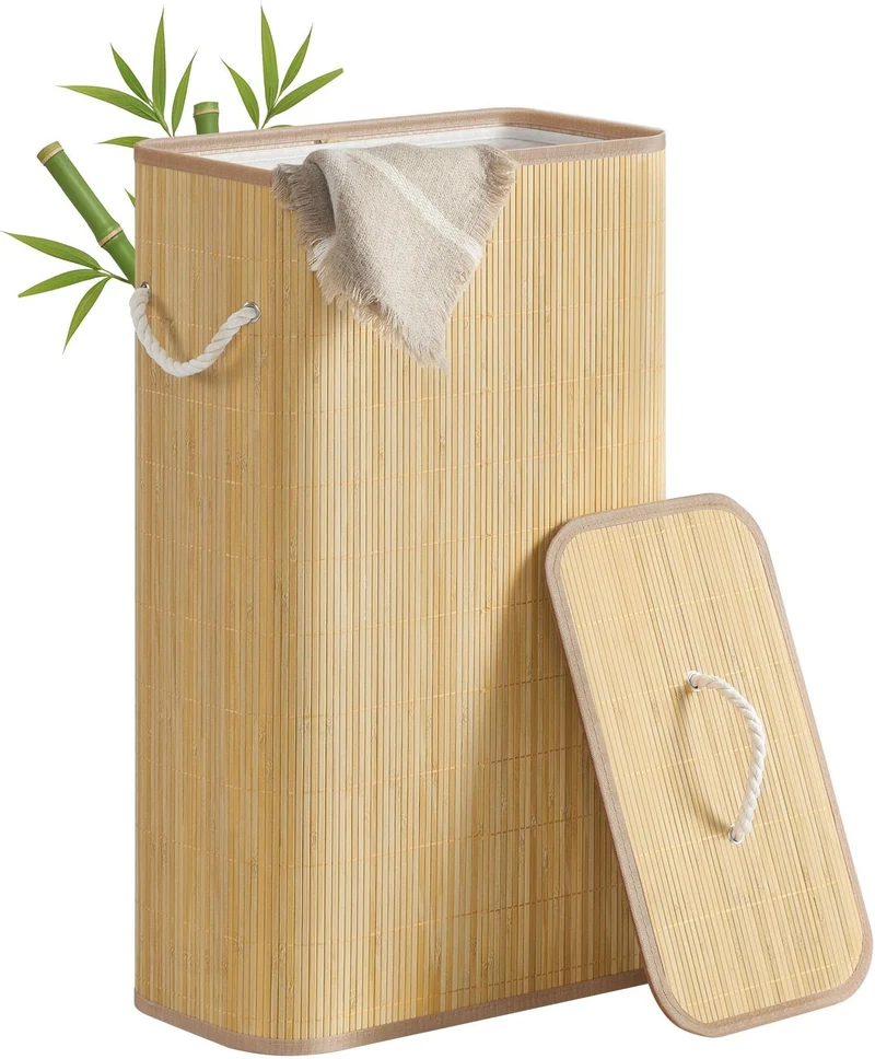Panier à linge pliable rectangulaire 40 x 22 x 70 cm avec couvercle et poignées style naturel en bambou 12_0012218