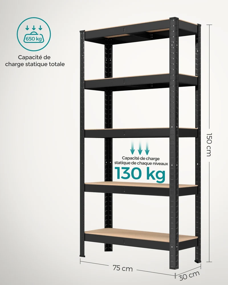 Étagère à 5 niveaux réglables pour salon cuisine 150 x 75 x 30 cm charge maximale 650 kg style industriel en acier noir 12_0009122